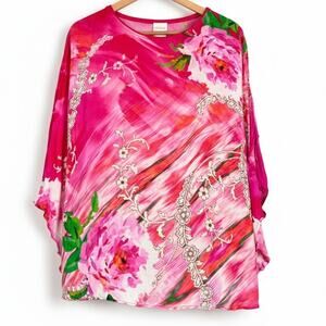 Chico's Women's S/M Coastal Resortwear Boho Artsy Floral‎ Kaftan Tunic Top Pink